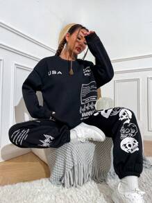 SHEIN Unity Slogan Graphic Drop Shoulder Sweatshirt & Joggers - Black - View 4