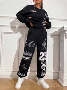 SHEIN Unity Slogan Graphic Drop Shoulder Sweatshirt & Joggers - Black - View 5