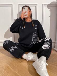 SHEIN Unity Slogan Graphic Drop Shoulder Sweatshirt & Joggers - Black - View 6