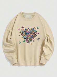 SHEIN LUNE Butterfly Print Thermal Lined Sweatshirt - Apricot - View 1