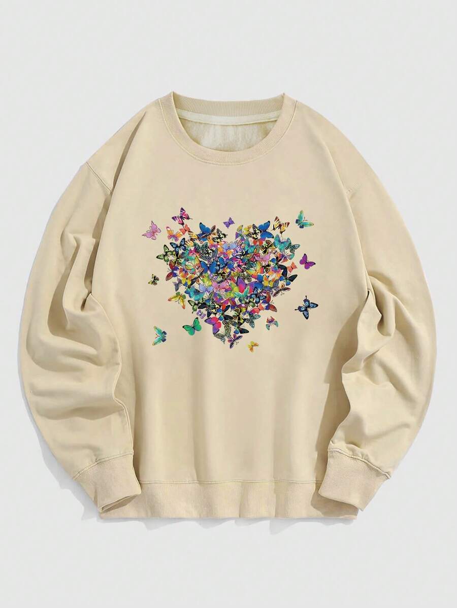 SHEIN LUNE Butterfly Print Thermal Lined Sweatshirt - Apricot - View 1