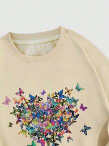 SHEIN LUNE Butterfly Print Thermal Lined Sweatshirt - Apricot - View 3