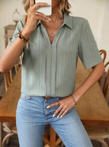 SHEIN LUNE 素色褶皺細節襯衫 - 綠色 - 查看 6
