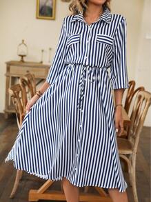 SHEIN LUNE Đầm Maxi In Sọc Có Dây Rút Ở Eo Chi Tiết Đầm Sơ Mi Maxi Trang Phục Nữ - Xanh và trắng - Xem 4