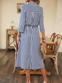 SHEIN LUNE Đầm Maxi In Sọc Có Dây Rút Ở Eo Chi Tiết Đầm Sơ Mi Maxi Trang Phục Nữ - Xanh và trắng - Xem 2