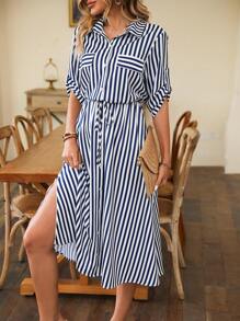 SHEIN LUNE Đầm Maxi In Sọc Có Dây Rút Ở Eo Chi Tiết Đầm Sơ Mi Maxi Trang Phục Nữ - Xanh và trắng - Xem 5