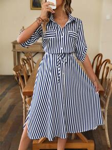 SHEIN LUNE Đầm Maxi In Sọc Có Dây Rút Ở Eo Chi Tiết Đầm Sơ Mi Maxi Trang Phục Nữ - Xanh và trắng - Xem 1