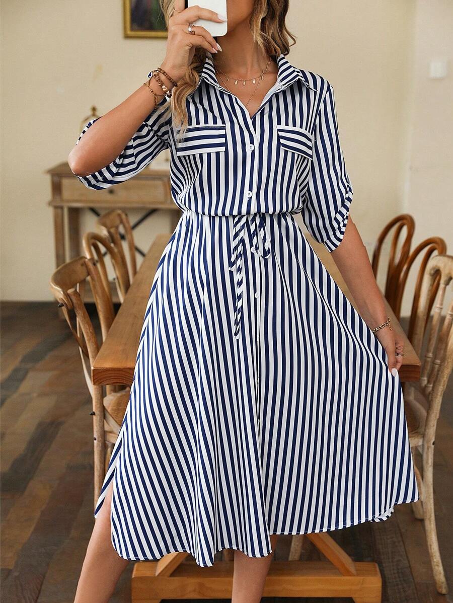 SHEIN LUNE Đầm Maxi In Sọc Có Dây Rút Ở Eo Chi Tiết Đầm Sơ Mi Maxi Trang Phục Nữ - Xanh và trắng - Xem 1