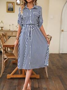 SHEIN LUNE Đầm Maxi In Sọc Có Dây Rút Ở Eo Chi Tiết Đầm Sơ Mi Maxi Trang Phục Nữ - Xanh và trắng - Xem 6