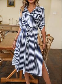 SHEIN LUNE Đầm Maxi In Sọc Có Dây Rút Ở Eo Chi Tiết Đầm Sơ Mi Maxi Trang Phục Nữ - Xanh và trắng - Xem 3