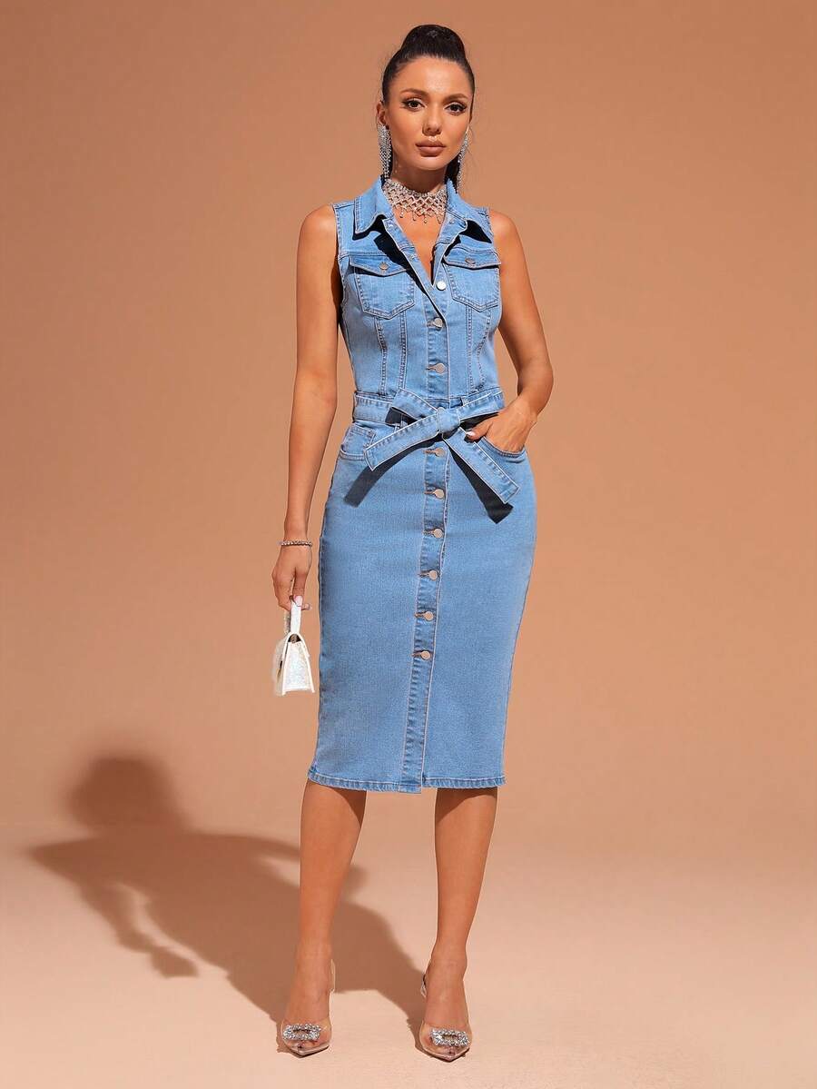 SHEIN BAE Túi có nắp Thắt lưng Đầm Denim - Rửa trung bình - Xem 1