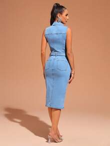 SHEIN BAE Túi có nắp Thắt lưng Đầm Denim - Rửa trung bình - Xem 2