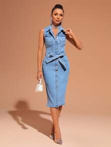 SHEIN BAE Túi có nắp Thắt lưng Đầm Denim - Rửa trung bình - Xem 5