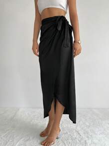 RueChic Solid Knot Side Wrap Skirt - Black - View 4