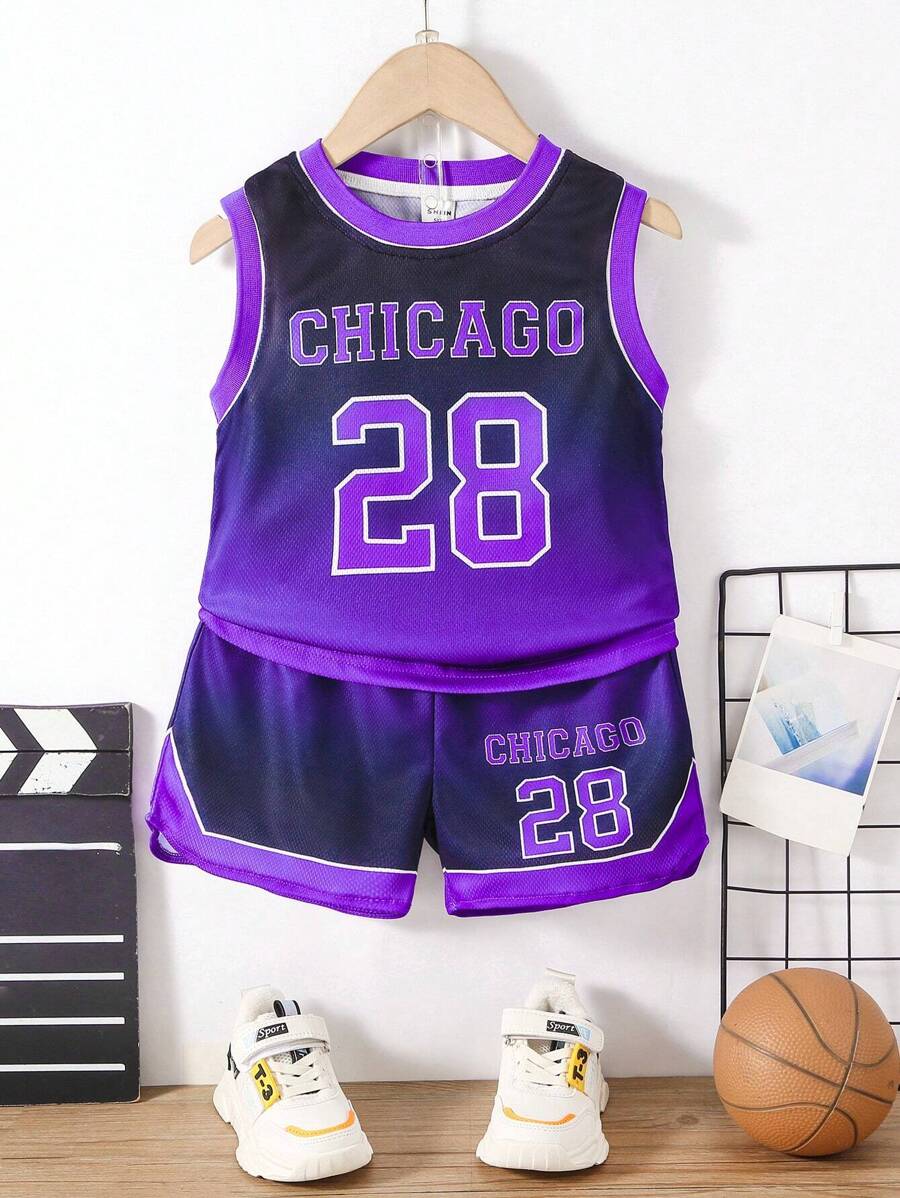 SHEIN 男小童字母圖案漸層撞色滾邊籃球球衣套裝