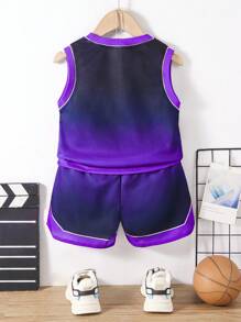 SHEIN 男小童字母圖案漸層撞色滾邊籃球球衣套裝