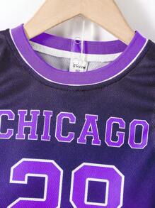 SHEIN 男小童字母圖案漸層撞色滾邊籃球球衣套裝