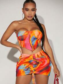 SHEIN SXY Nhuộm buộc Bandana Hem Áo Tube Crop & Dây rút Váy bodycon - Nhiều màu - Xem 1