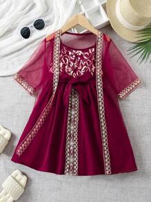 SHEIN 女小童植物圖案吊帶洋裝&蕾絲織帶網紗外套