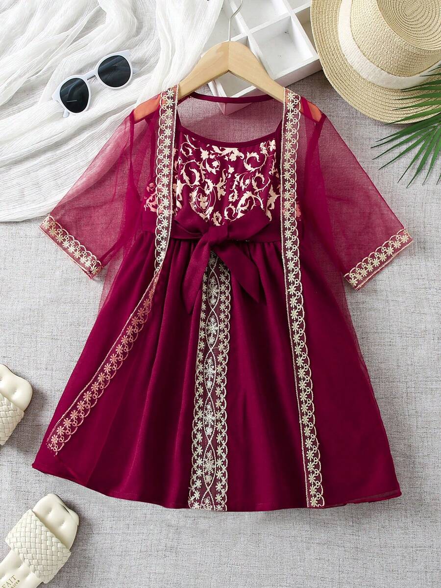 SHEIN 女小童植物圖案吊帶洋裝&蕾絲織帶網紗外套