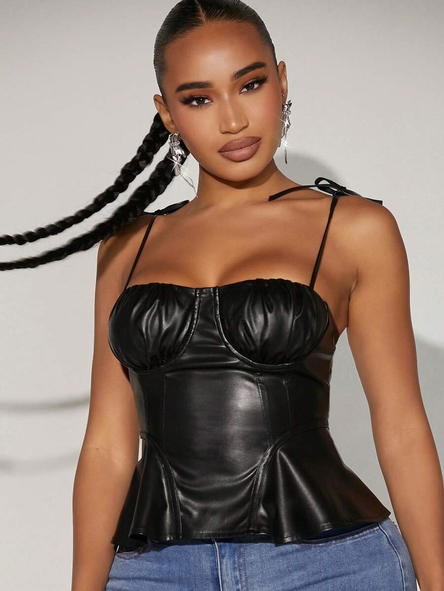 SHEIN SXY Ruched Bust Tie Shoulder PU Leather Cami Top