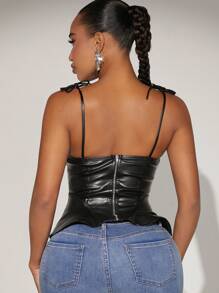 SHEIN SXY Ruched Bust Tie Shoulder PU Leather Cami Top