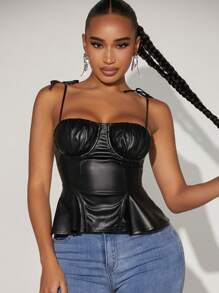 SHEIN SXY Ruched Bust Tie Shoulder PU Leather Cami Top