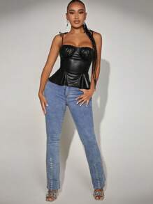 SHEIN SXY Ruched Bust Tie Shoulder PU Leather Cami Top