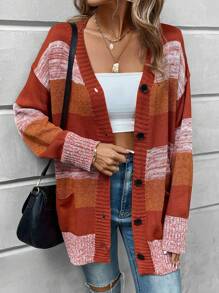 SHEIN LUNE Colour Block Drop Shoulder Pocket Patched Cardigan - Multicolor - View 4