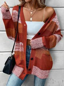 SHEIN LUNE Colour Block Drop Shoulder Pocket Patched Cardigan - Multicolor - View 5