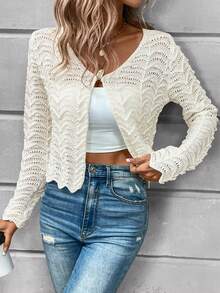 SHEIN Privé Solid Pointelle Knit Duster Cardigan - White - View 5