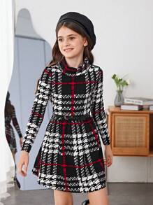 SHEIN Garota pré-adolescente Impressão Xadrez Gola Simulada Vestido Sem Cinto