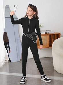 SHEIN Tween Girl Zip Up Hooded Unitard Jumpsuit Without Bag - Black - View 1