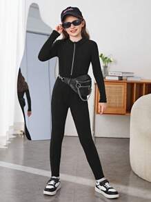 SHEIN Tween Girl Zip Up Hooded Unitard Jumpsuit Without Bag - Black - View 3