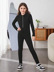 SHEIN Tween Girl Zip Up Hooded Unitard Jumpsuit Without Bag - Black - View 4