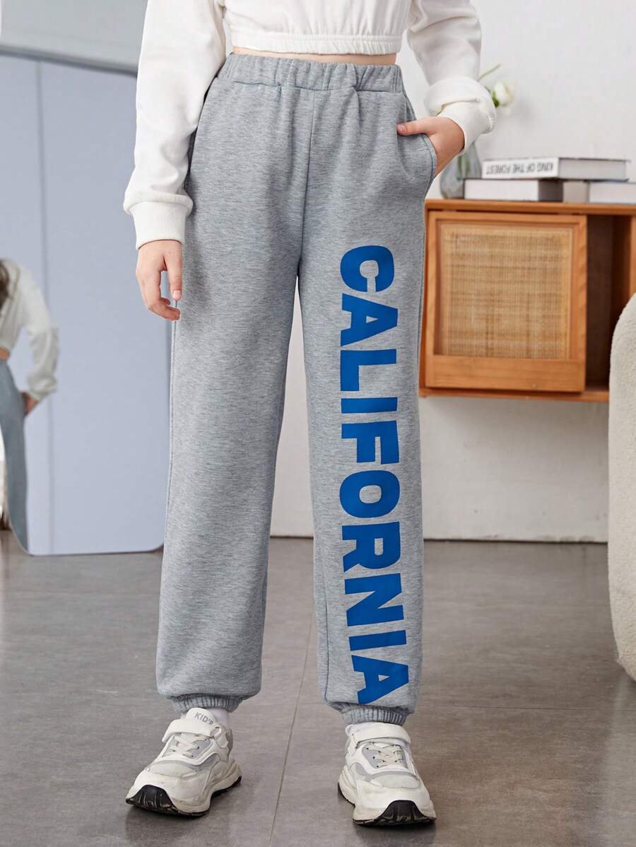 SHEIN 女大童字母圖案斜口袋衛褲 - 淺灰色 - 查看 1