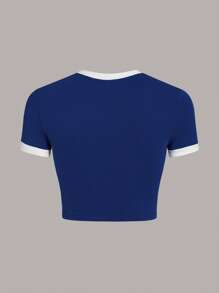 SHEIN EZwear Của phụ nữ Kích thước lớn In thư Tương phản Cạnh Ngắn tay Áo thun - Xanh - Xanh và trắng - Xem 2