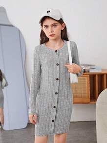 SHEIN Cô gái Tween Nút phía trước Đồ đan Ribbed Đầm - Xám - Xem 1