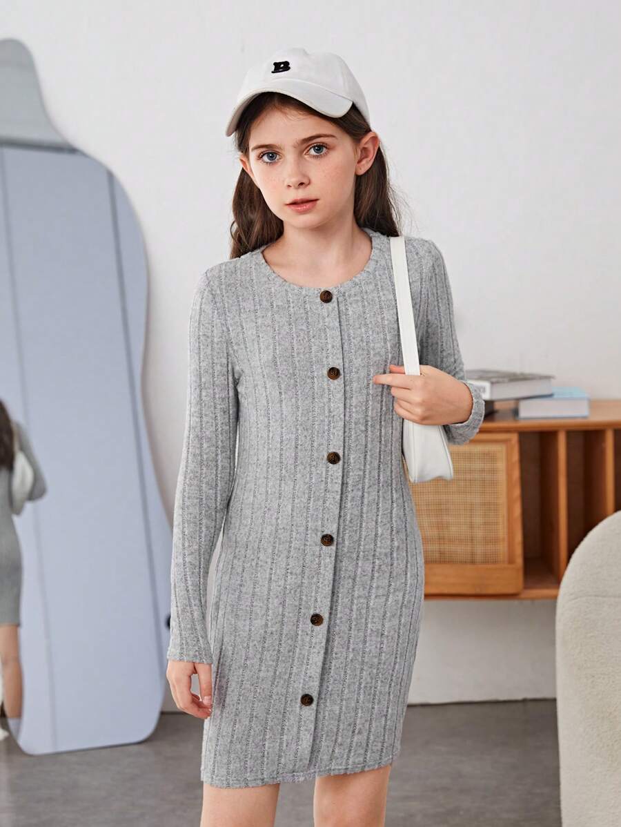 SHEIN Cô gái Tween Nút phía trước Đồ đan Ribbed Đầm - Xám - Xem 1