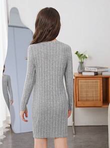 SHEIN Cô gái Tween Nút phía trước Đồ đan Ribbed Đầm - Xám - Xem 2