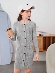 SHEIN Cô gái Tween Nút phía trước Đồ đan Ribbed Đầm - Xám - Xem 3