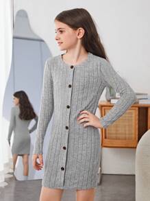 SHEIN Cô gái Tween Nút phía trước Đồ đan Ribbed Đầm - Xám - Xem 4