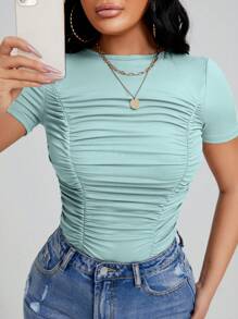SHEIN SXY Solid Ruched Front Tee - Mint Blue - View 1
