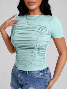 SHEIN SXY Solid Ruched Front Tee - Mint Blue - View 3