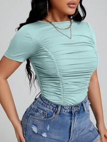SHEIN SXY Solid Ruched Front Tee - Mint Blue - View 4