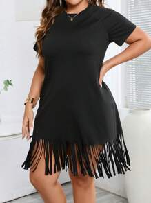 SHEIN Essnce Hơn Fringe Hem Váy áo thun - màu đen - Xem 3