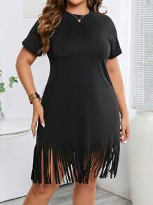 SHEIN Essnce Hơn Fringe Hem Váy áo thun - màu đen - Xem 5