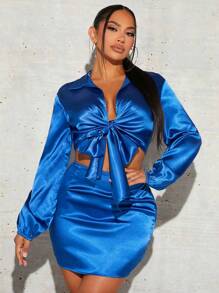 SHEIN SXY Nút phía trước Mùa vụ Xa ten Áo & Váy bodycon Năm mới Đêm trước Buổi tiệc Gợi cảm - Xanh đậm - Xem 1