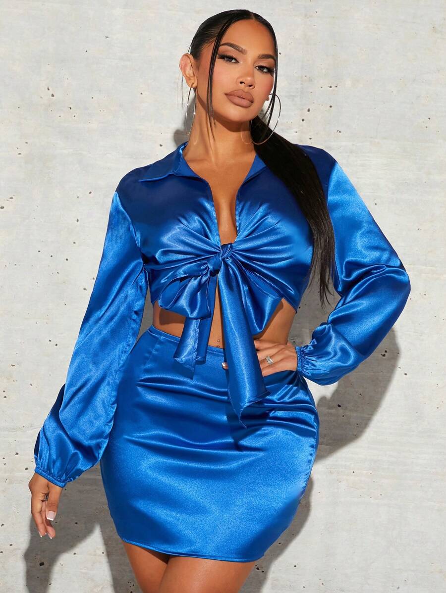 SHEIN SXY Nút phía trước Mùa vụ Xa ten Áo & Váy bodycon Năm mới Đêm trước Buổi tiệc Gợi cảm - Xanh đậm - Xem 1