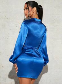 SHEIN SXY Nút phía trước Mùa vụ Xa ten Áo & Váy bodycon Năm mới Đêm trước Buổi tiệc Gợi cảm - Xanh đậm - Xem 2